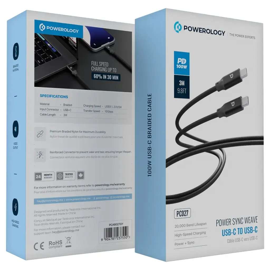 Powerology 100W USB-C to USB-C V3.1 5G TPE Cable 2 Meter - Linkphones Center